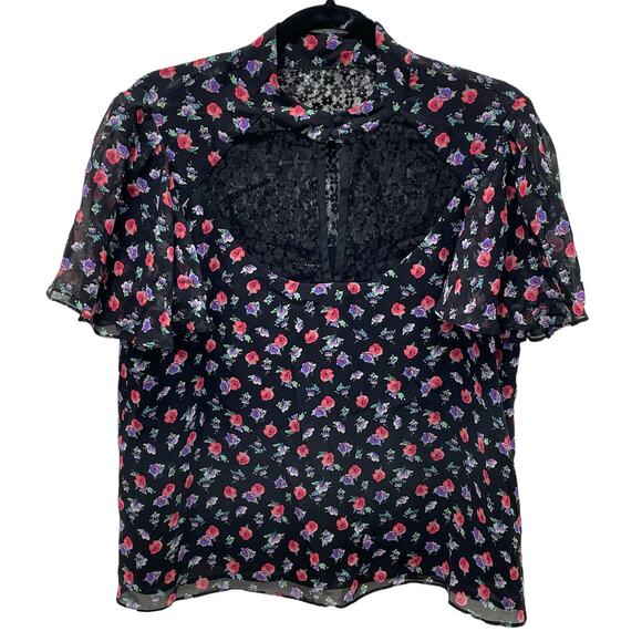 Nanette Lepore Silk Blouse Top Shirt Flutter Sleeve with Lace Floral M - Picture 1 of 9